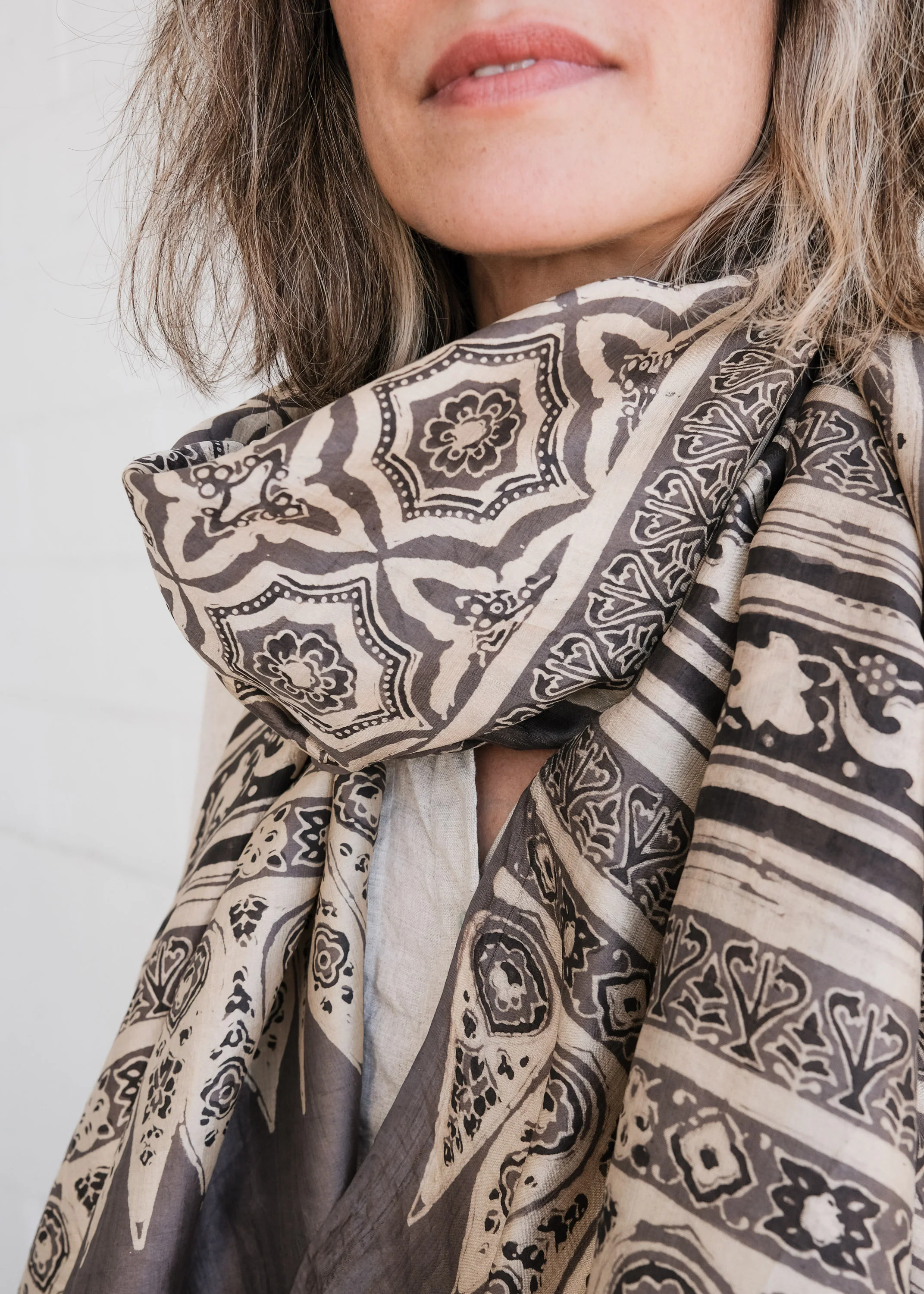 Ajrakh Block Print Scarf - Silk - Clay Tessellation - Image 3