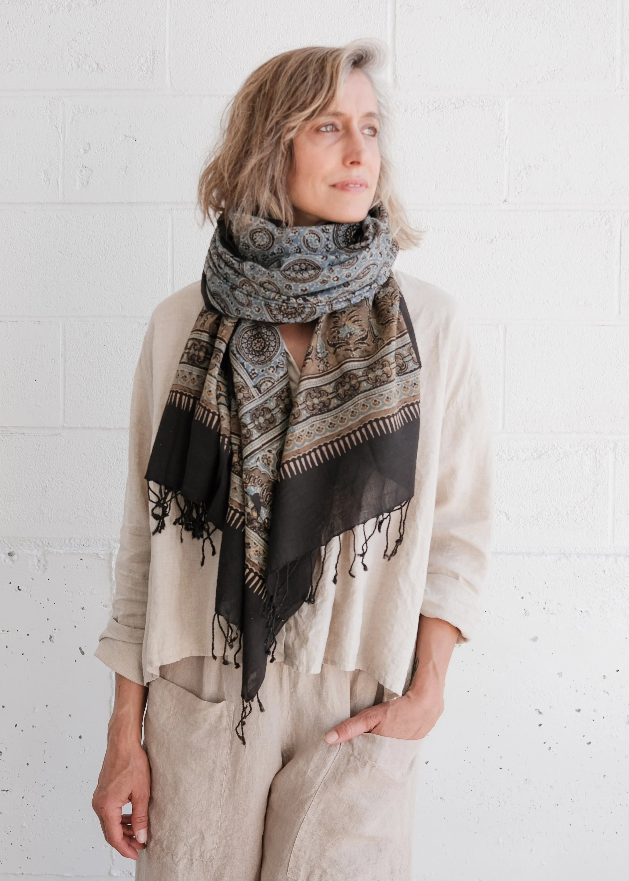 Ajrakh Block Print Shawl - Handwoven Cotton - Indigo Mandalas