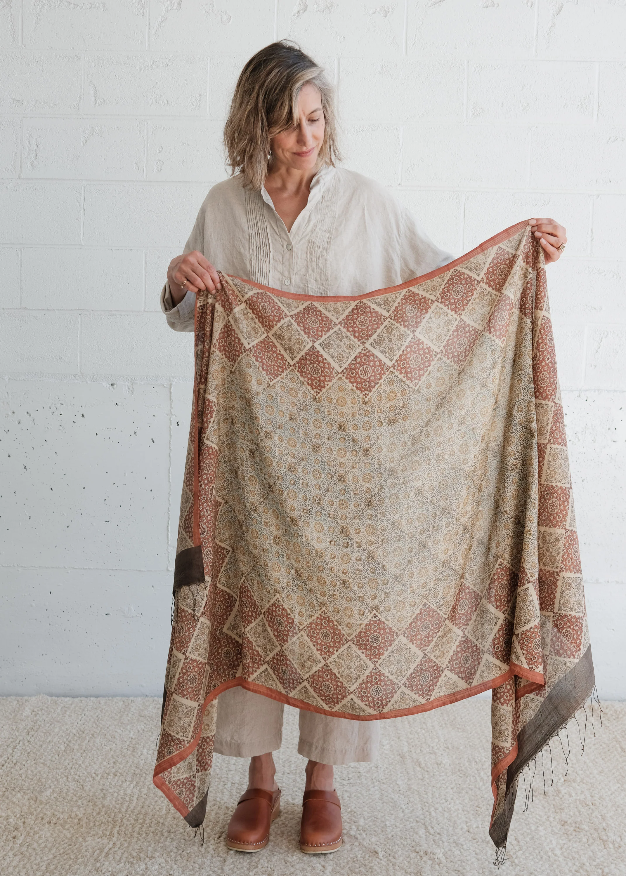 Ajrakh Block Print Shawl - Silk - Mosaic Terra