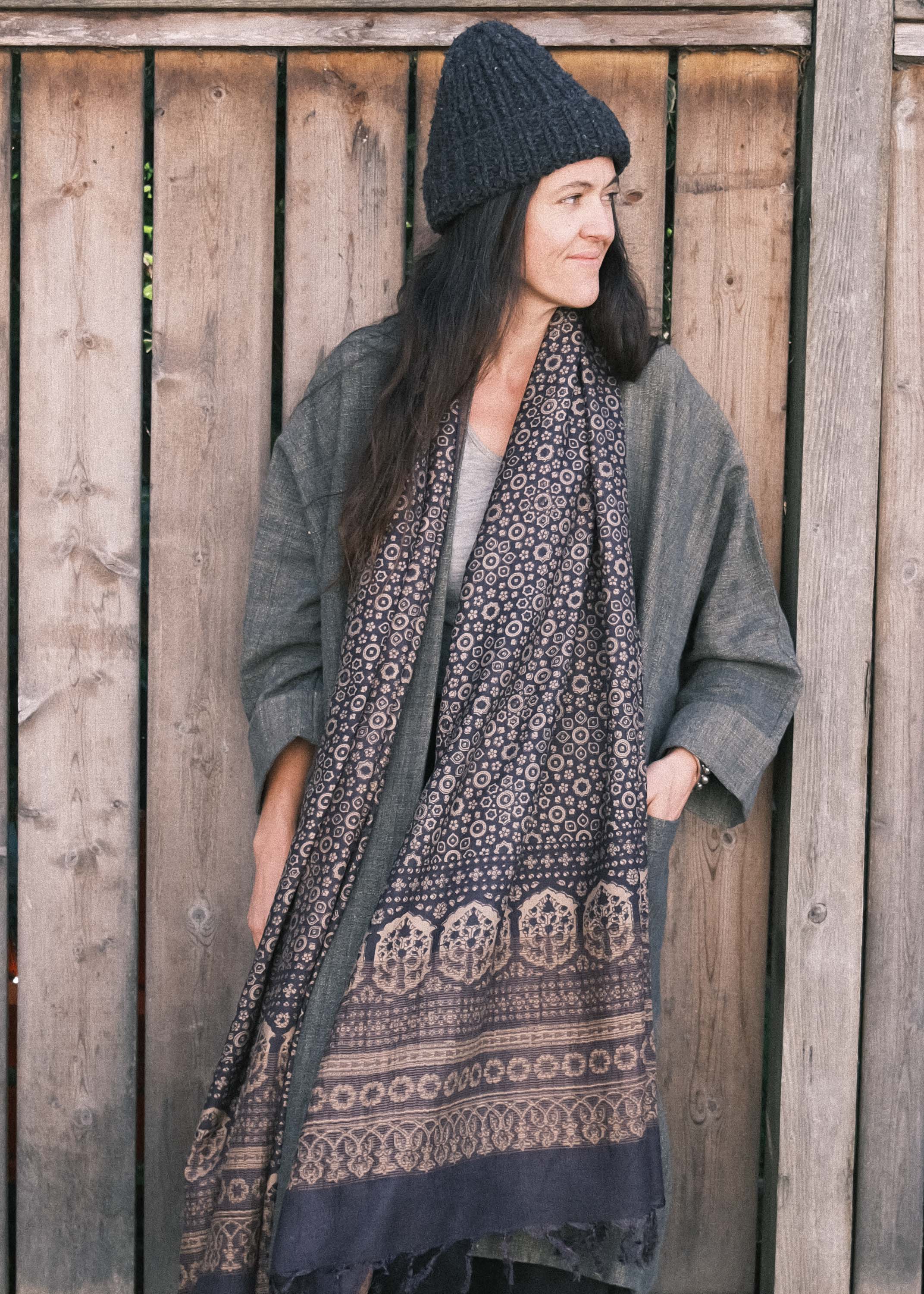 Ajrakh Block Print Shawl - Wild Silk - Black Pearl