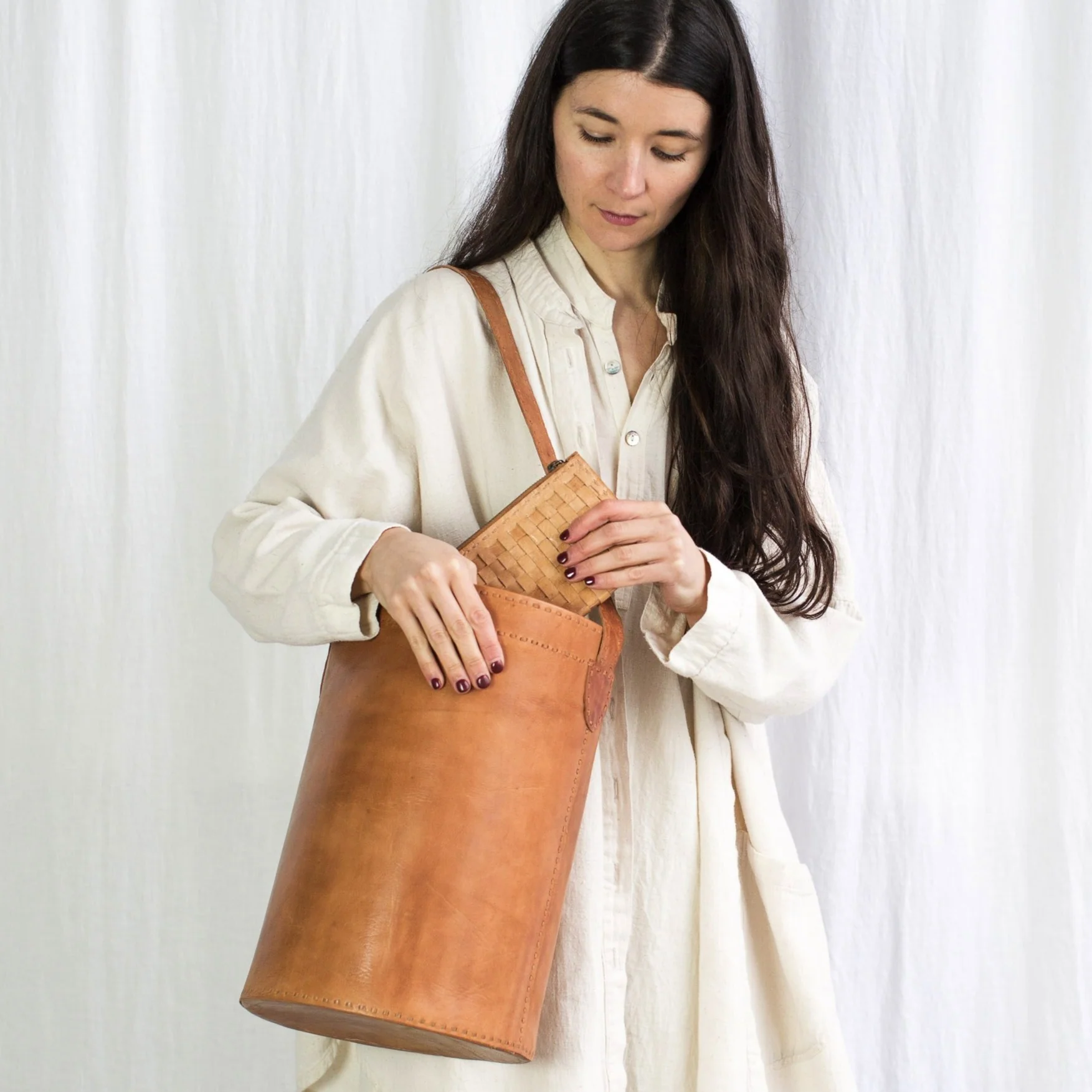 Leather Bucket Bag - Tan - Image 7