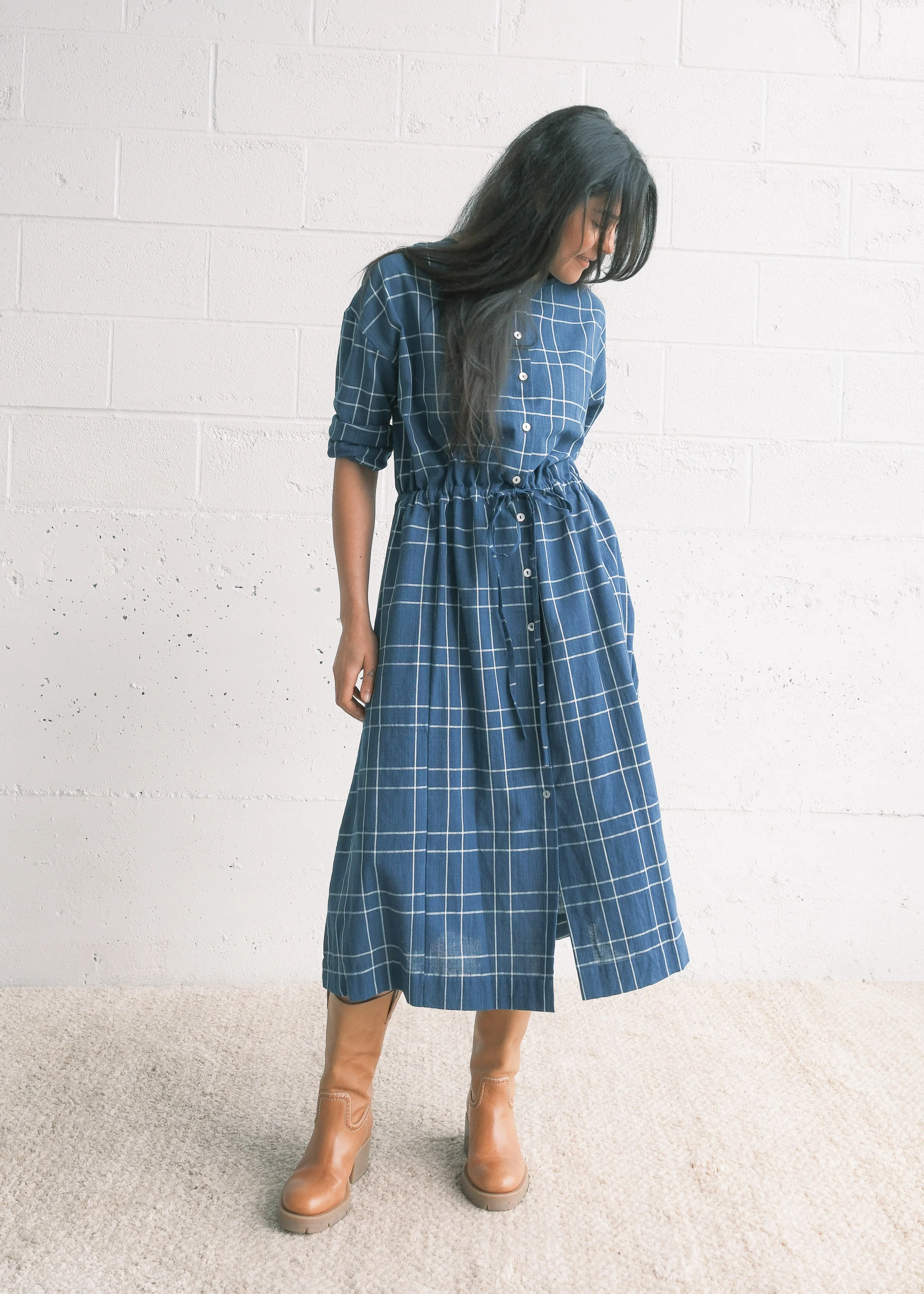 Cardamom Dress - Handwoven Cotton - Indigo Check - Image 3