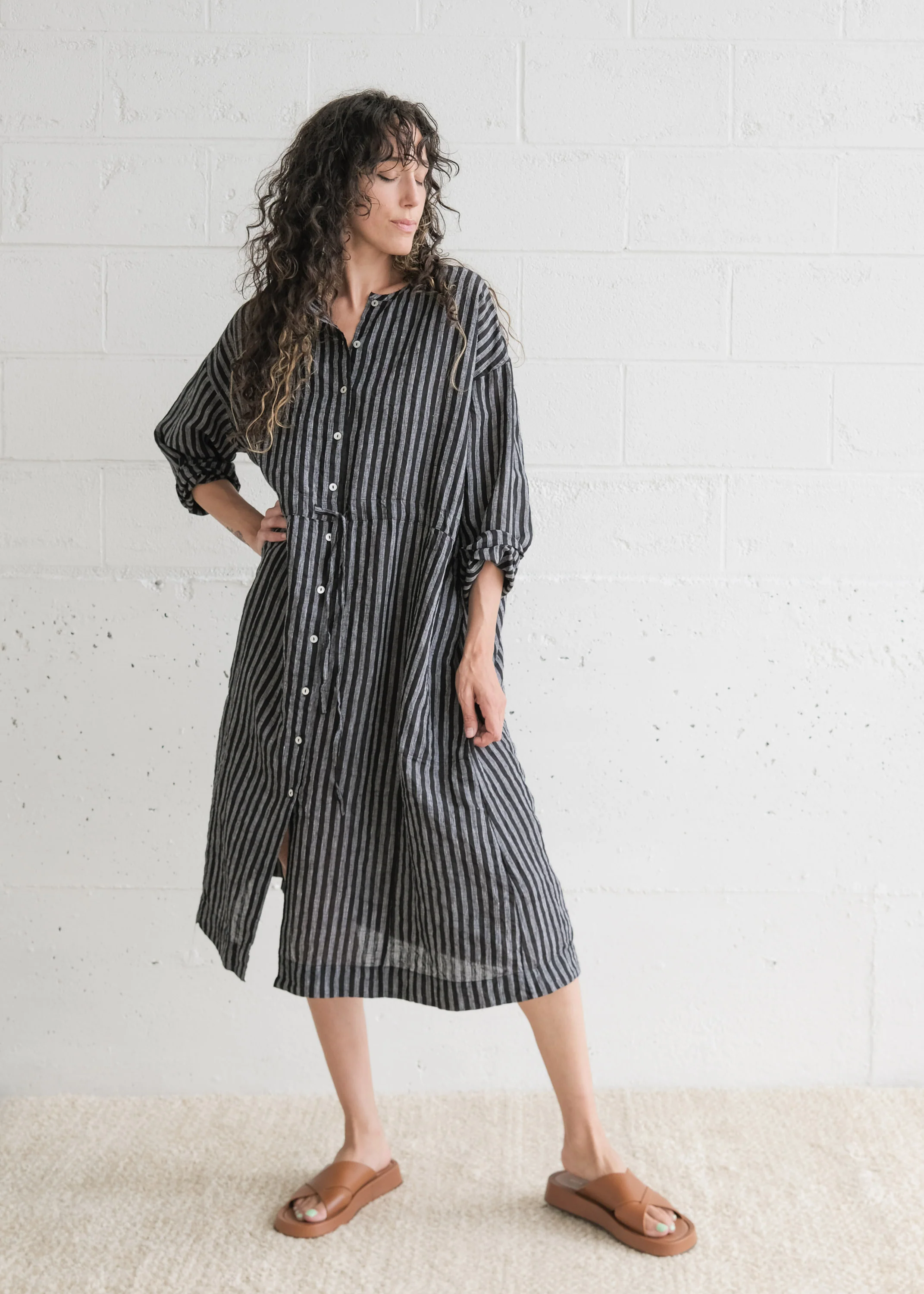 Cardamom Dress - Handwoven Linen - Black Stripe - Image 3