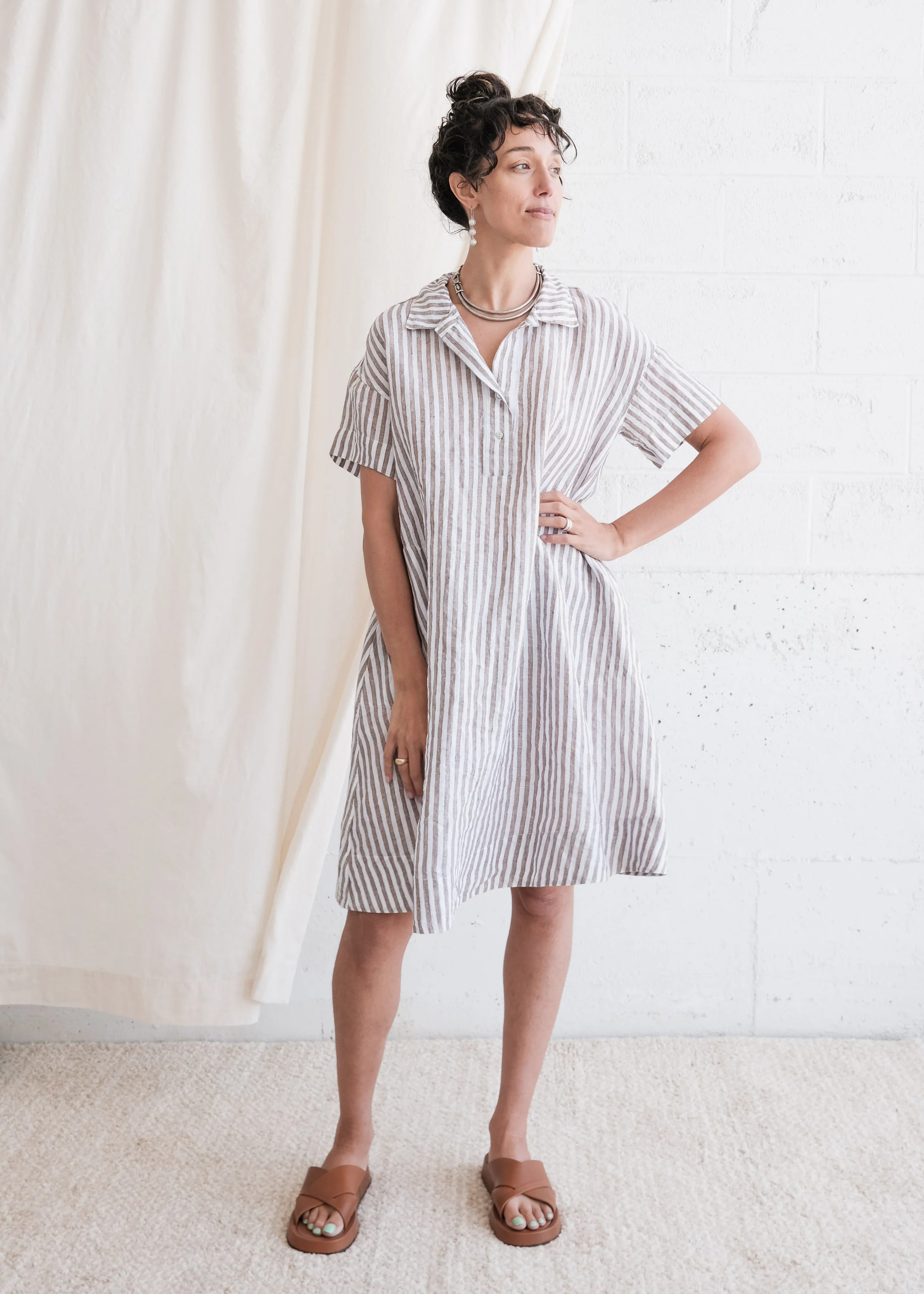 Chandigarh Dress - Handwoven Linen - Sand Stripe