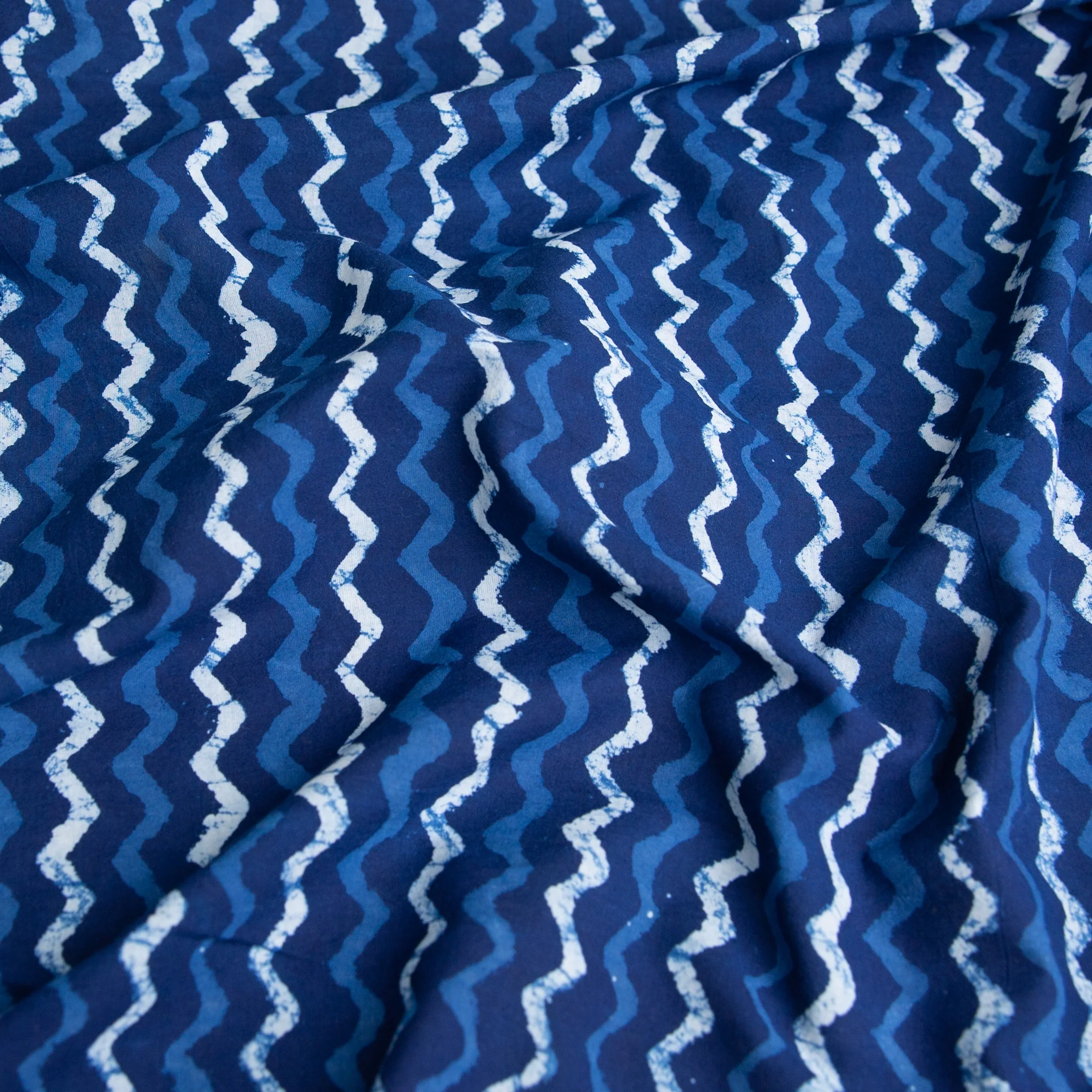 Fabric - Light Organic Cotton Block Printed with Natural Indigo - Indigo Waves - Image 3