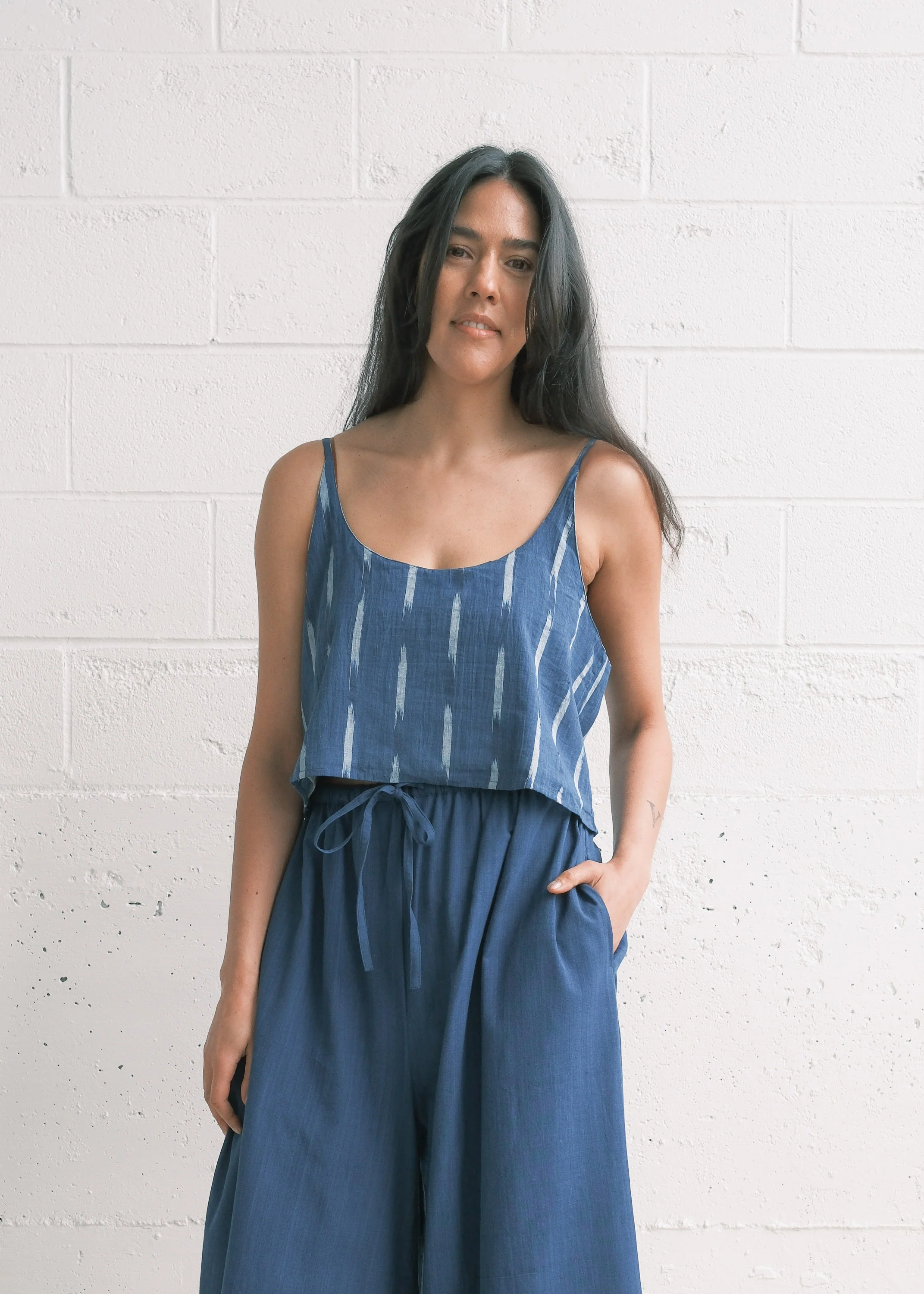 Hibiscus Crop Tank - Handwoven Cotton - Indigo Ikat - Image 3