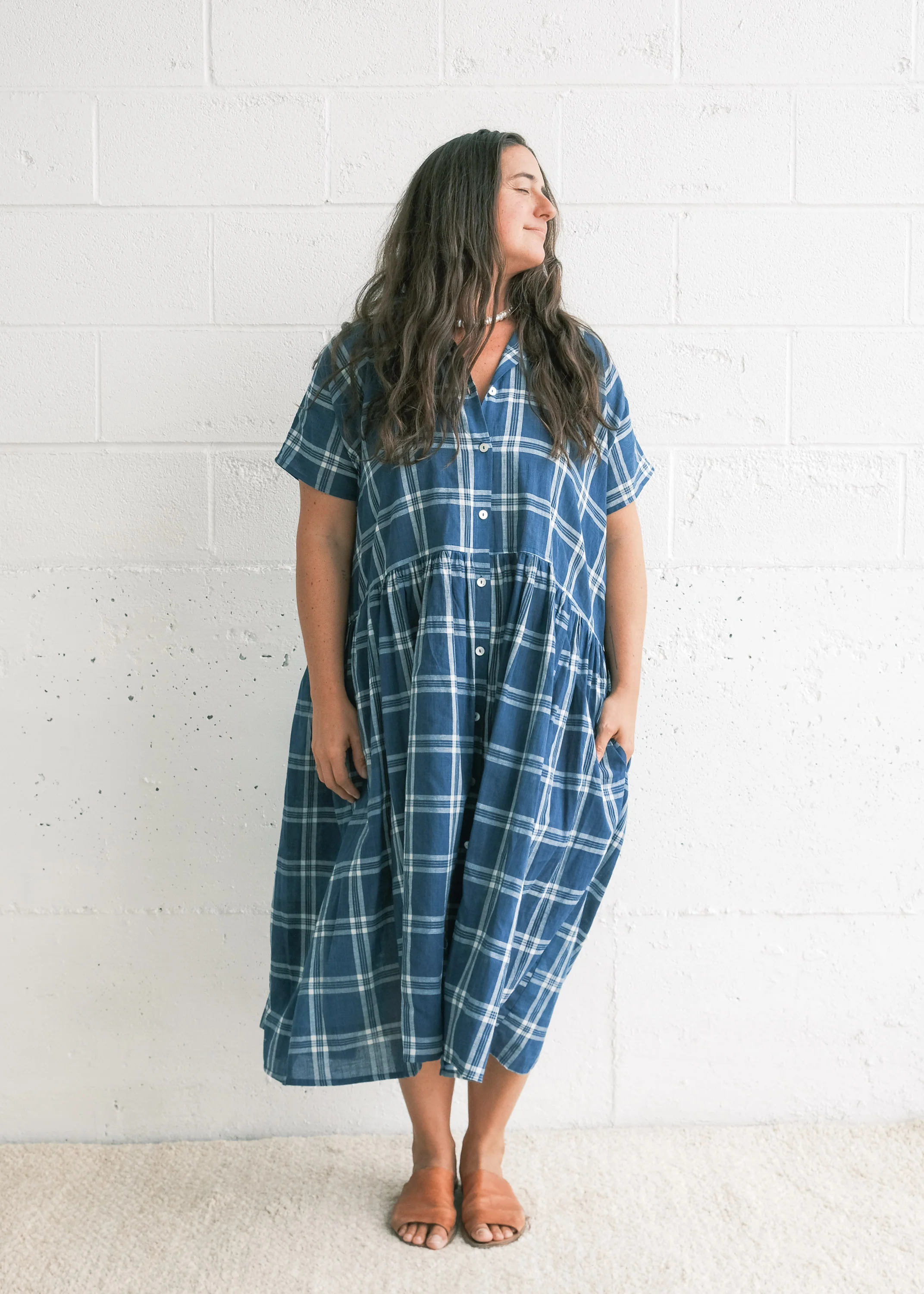 Hibiscus Dress - Handwoven Cotton - Indigo Plaid - Image 3
