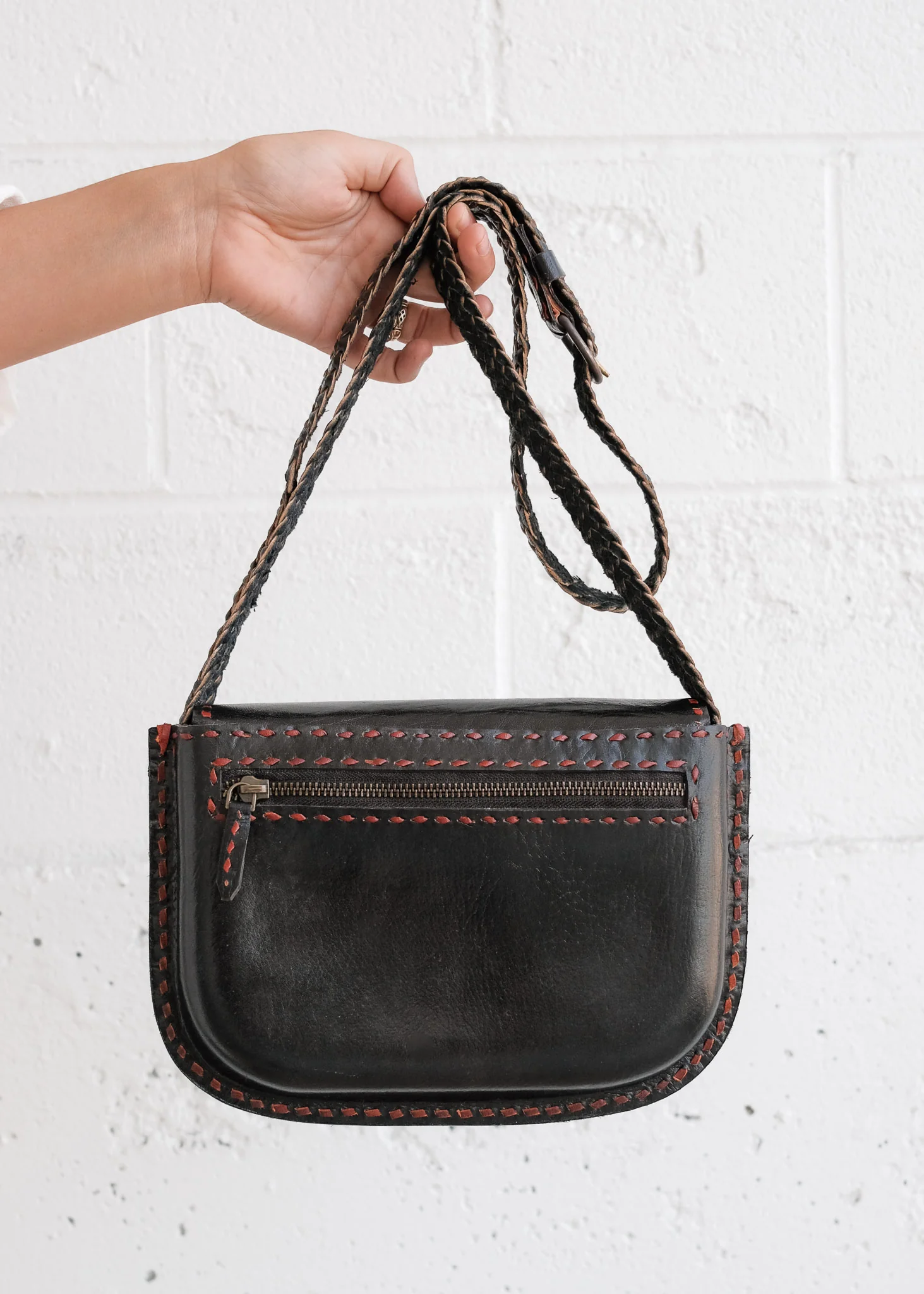 Leather Crossbody Bag - Braided - Black with Red Stitching - Image 9