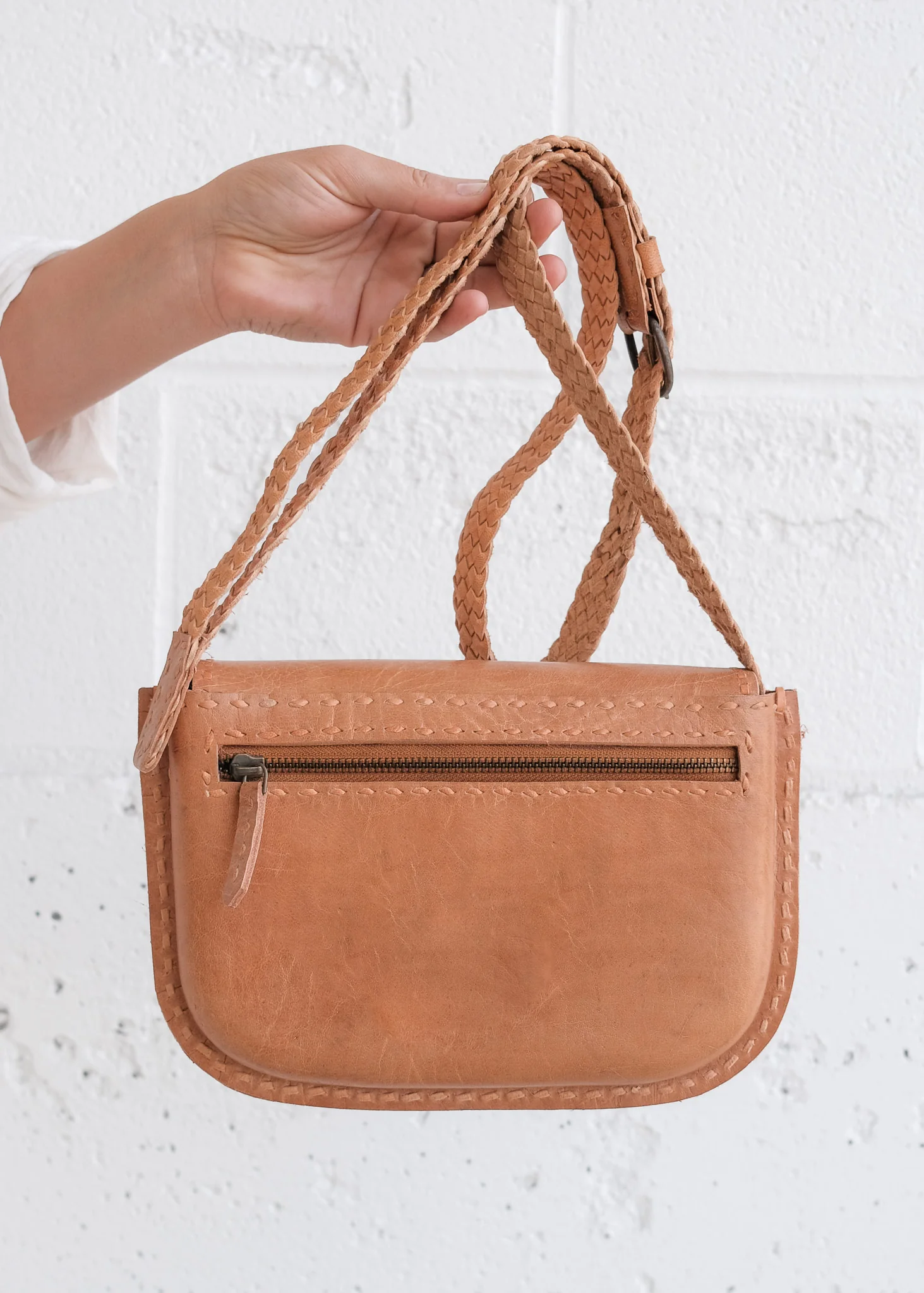 Leather Crossbody Bag - Braided - Tan - Image 9