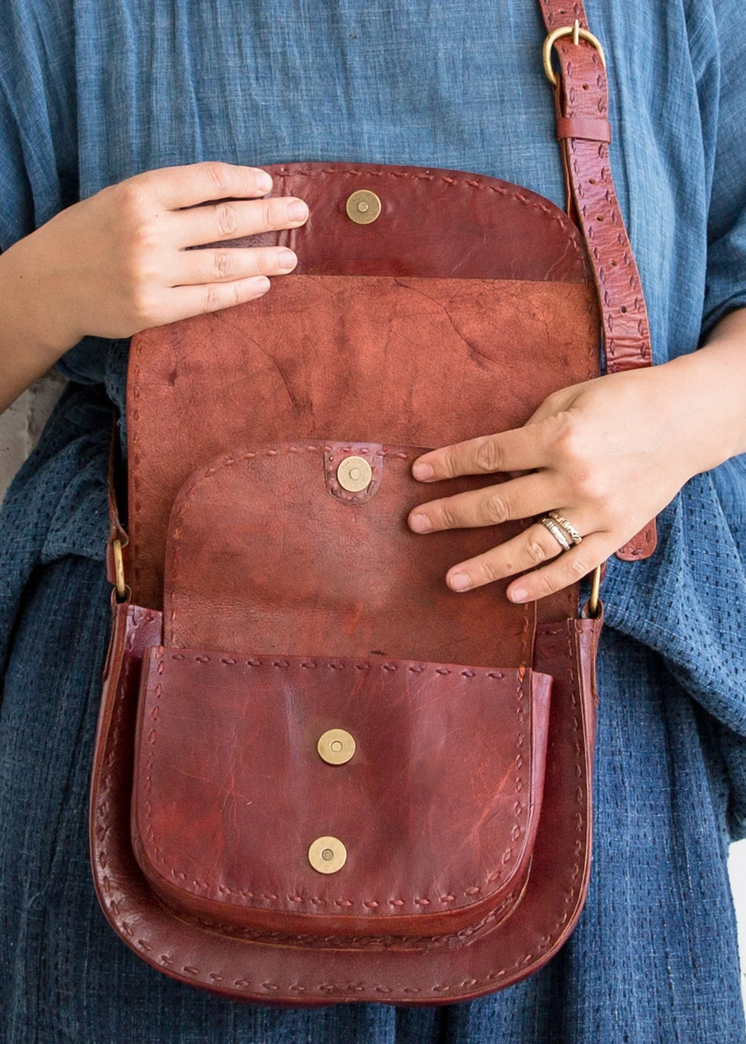 Leather Double Pocket Shoulder Bag - Red - Image 3
