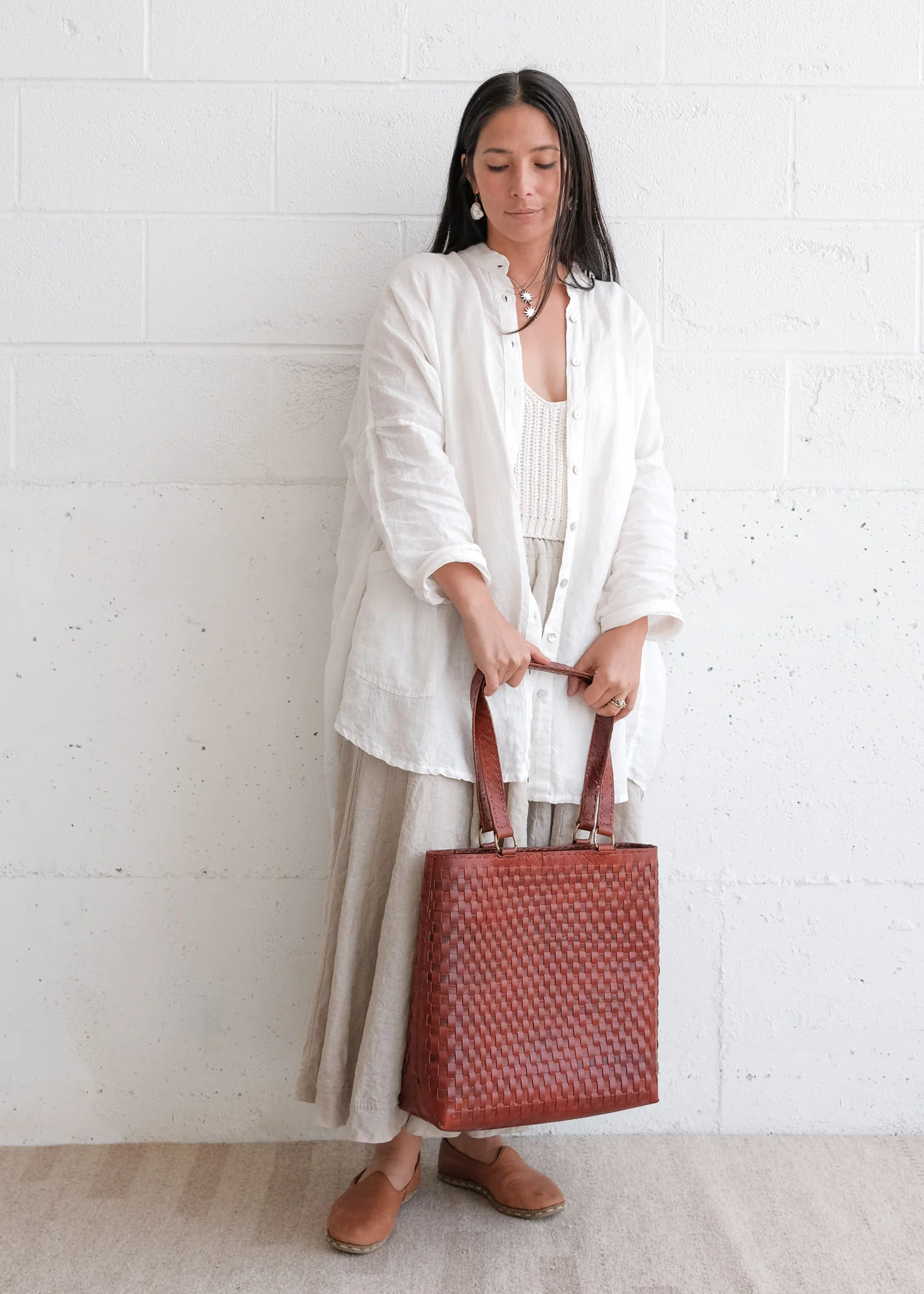 Leather Woven Carryall - Red - Image 5