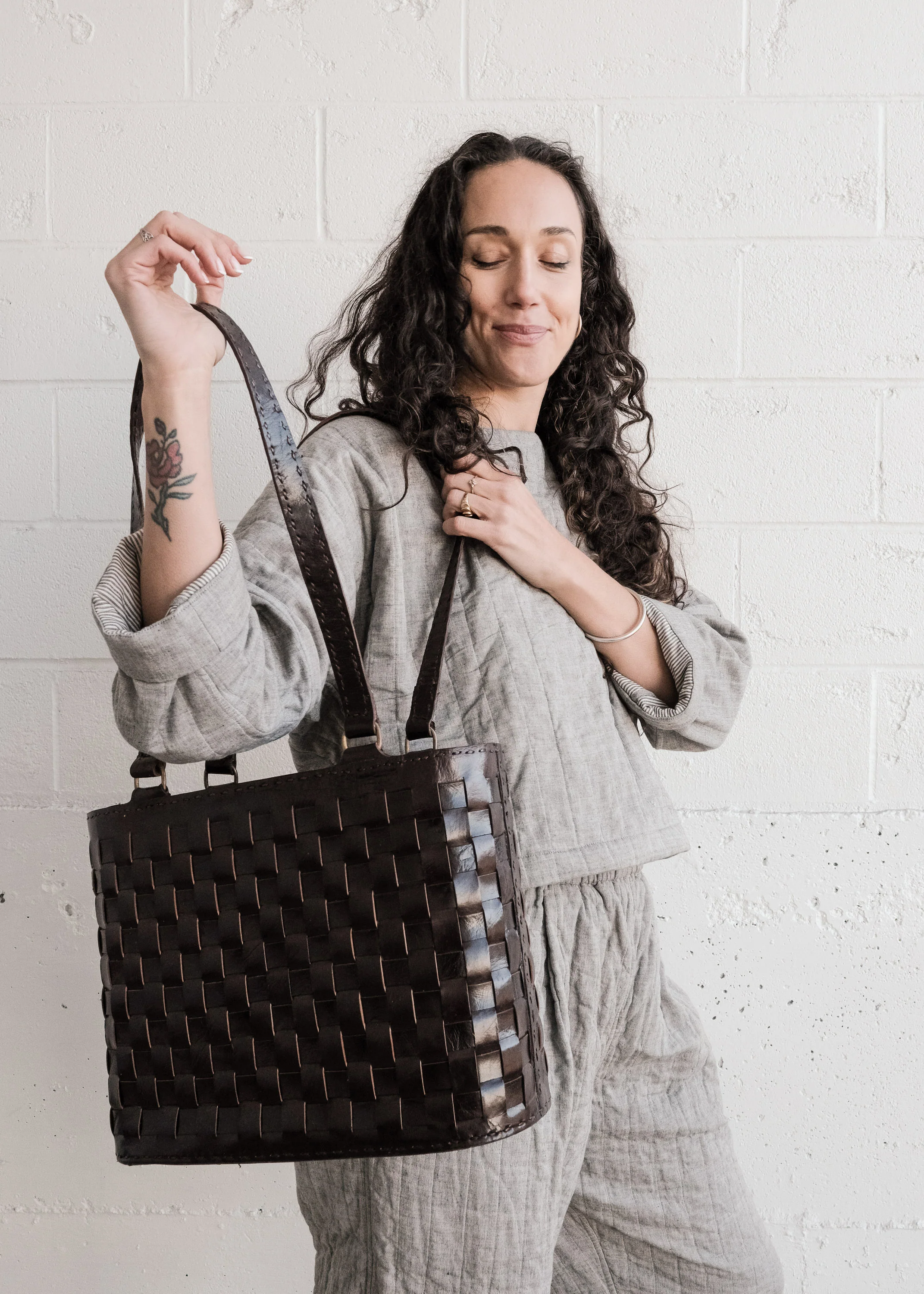 Leather Woven Medium Tote - Brown - Image 2