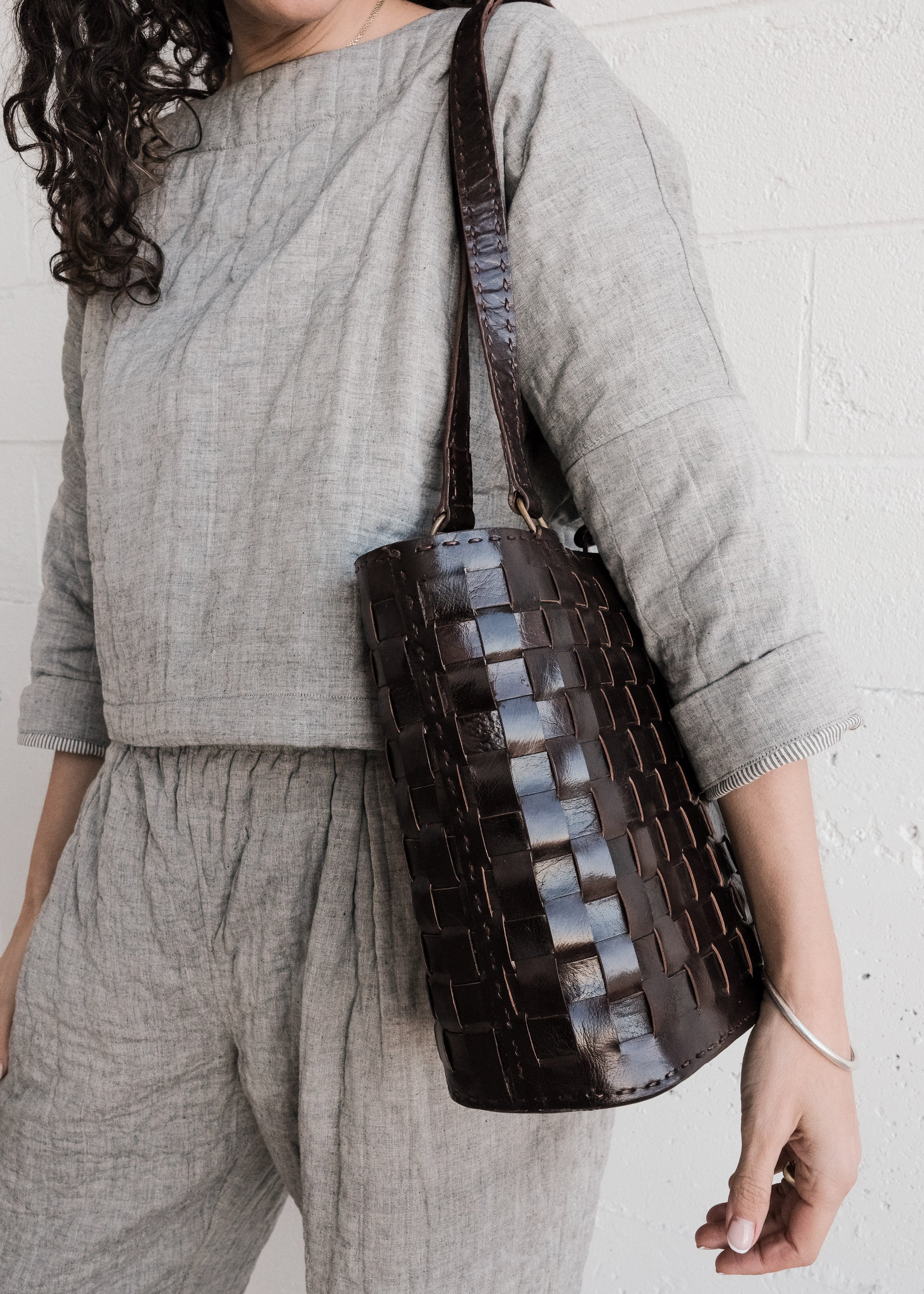 Leather Woven Medium Tote - Brown - Image 4