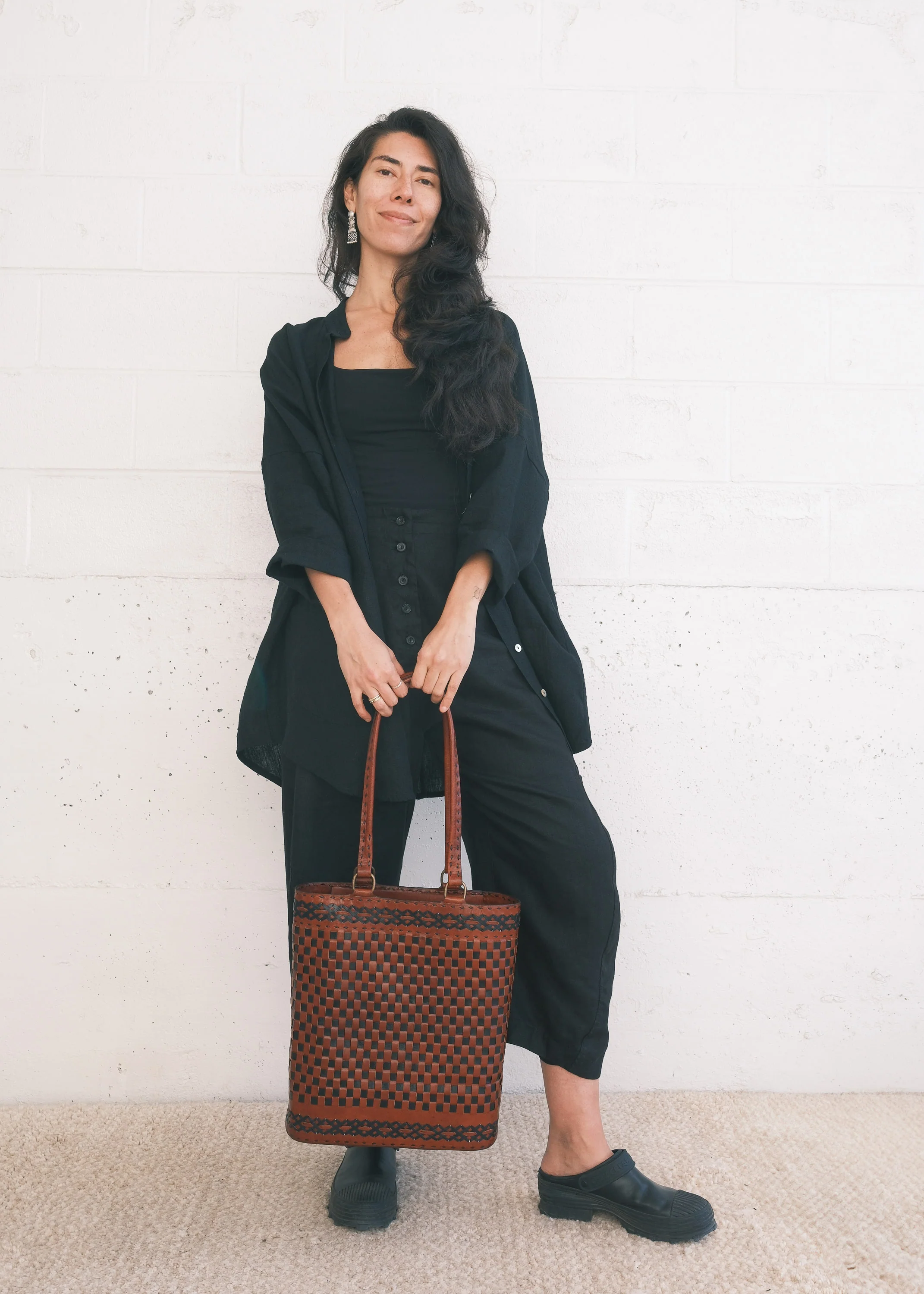 Leather Woven Tote Bag - Braided Black & Red