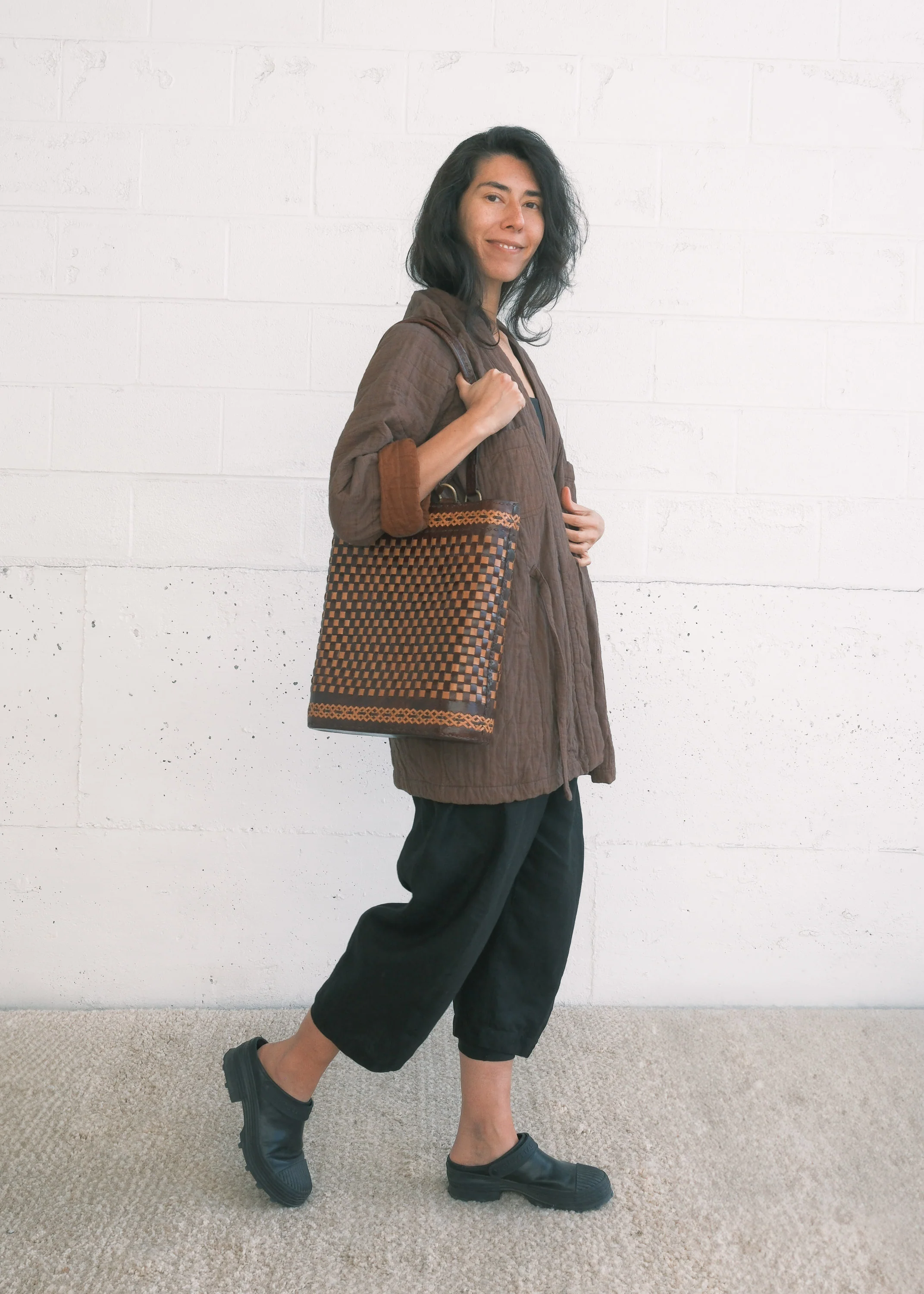 Leather Woven Tote Bag - Braided Brown & Tan - Image 3