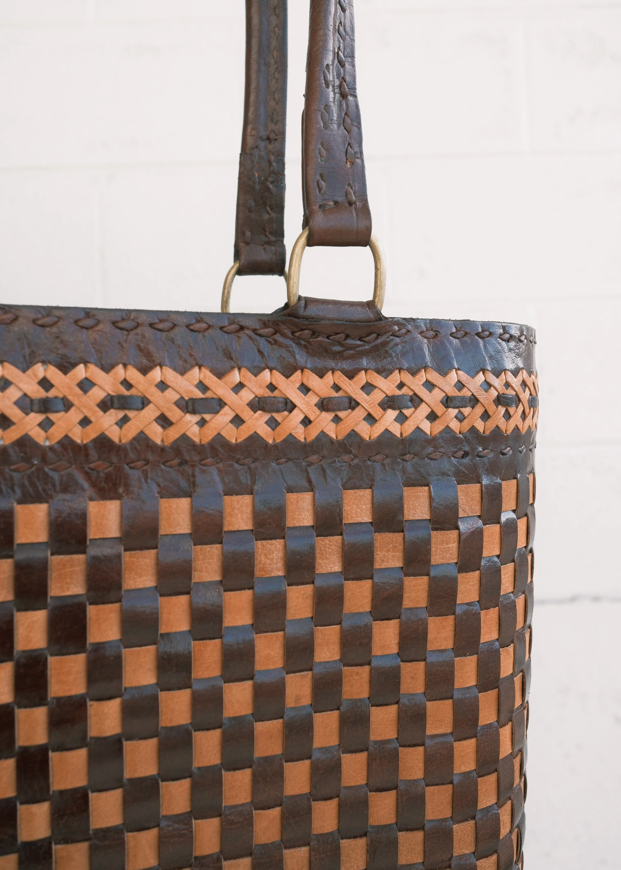 Leather Woven Tote Bag - Braided Brown & Tan - Image 6