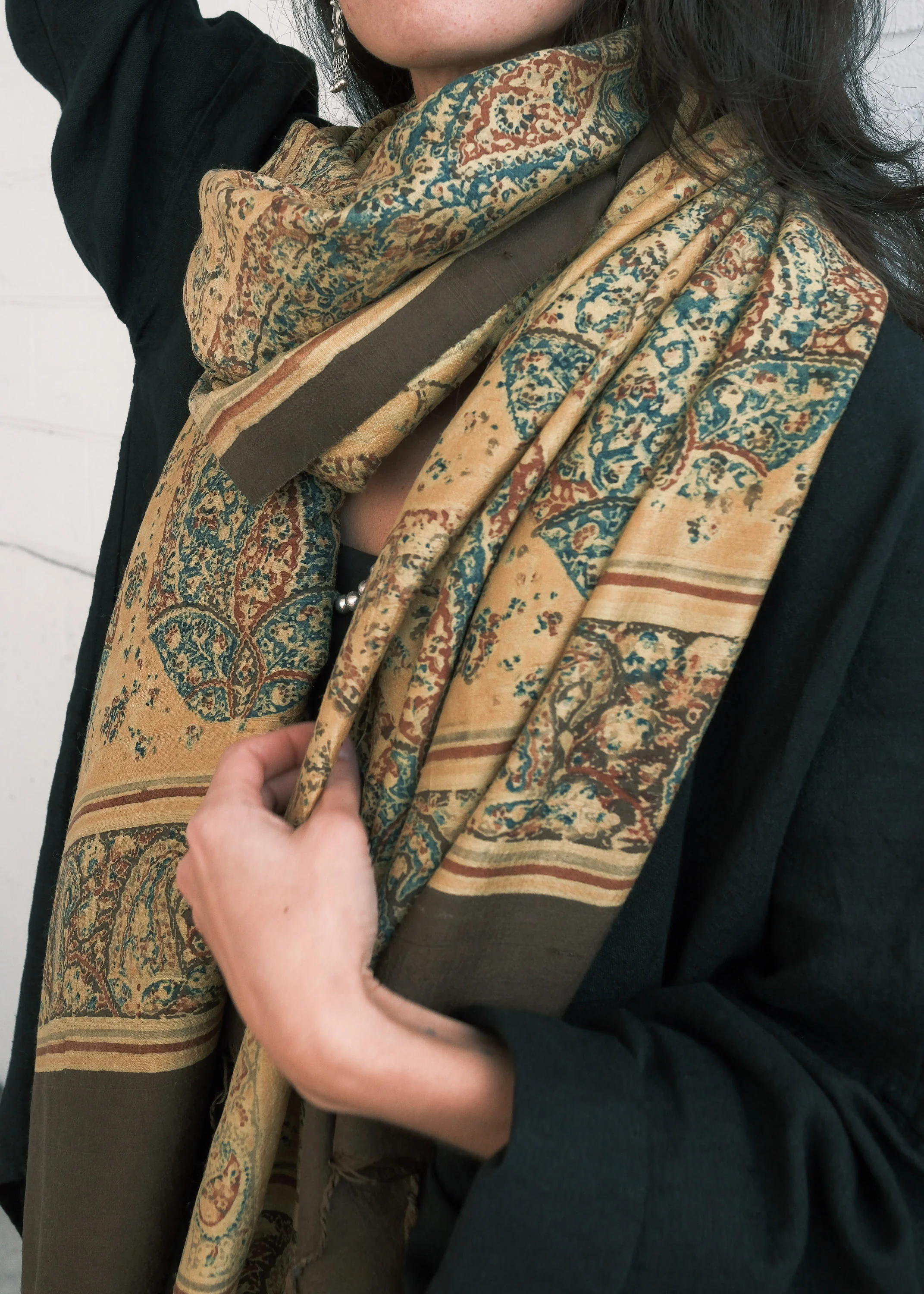 Mumbai Block Print Shawl - Handwoven Silk - Saffron Paisley - Image 6