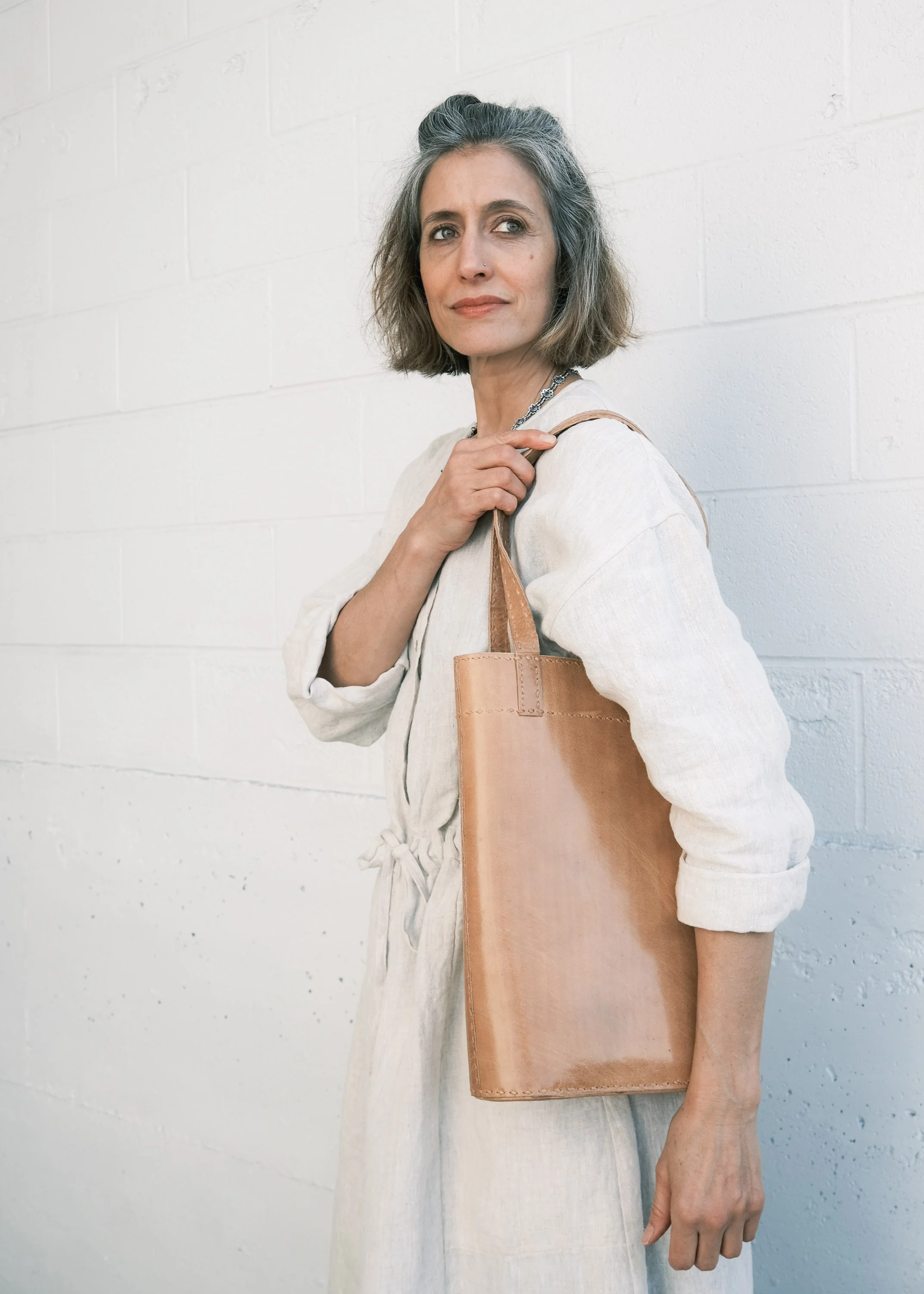 Leather Slim Tote - Tan - Image 2