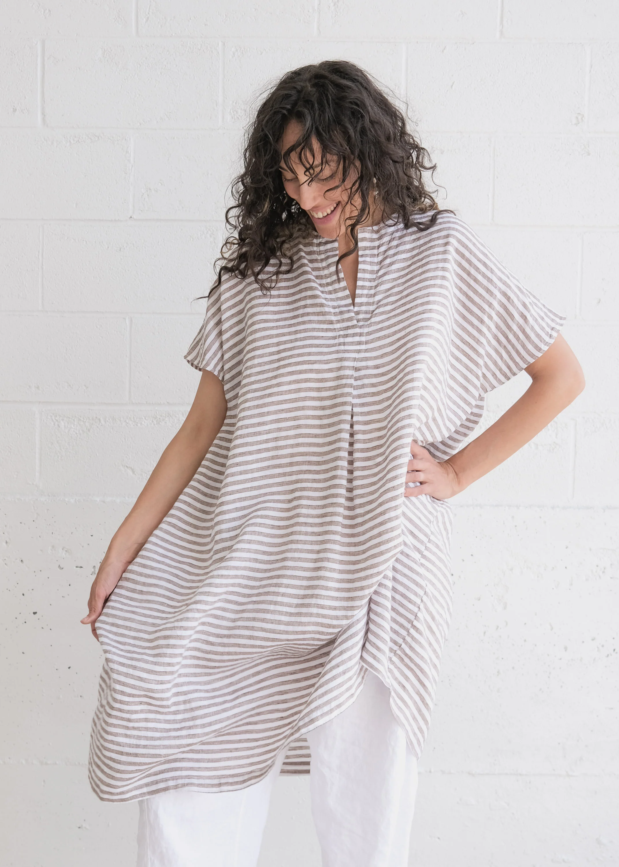 Tabo Dress - Handwoven Linen - Sand Stripe - Image 3