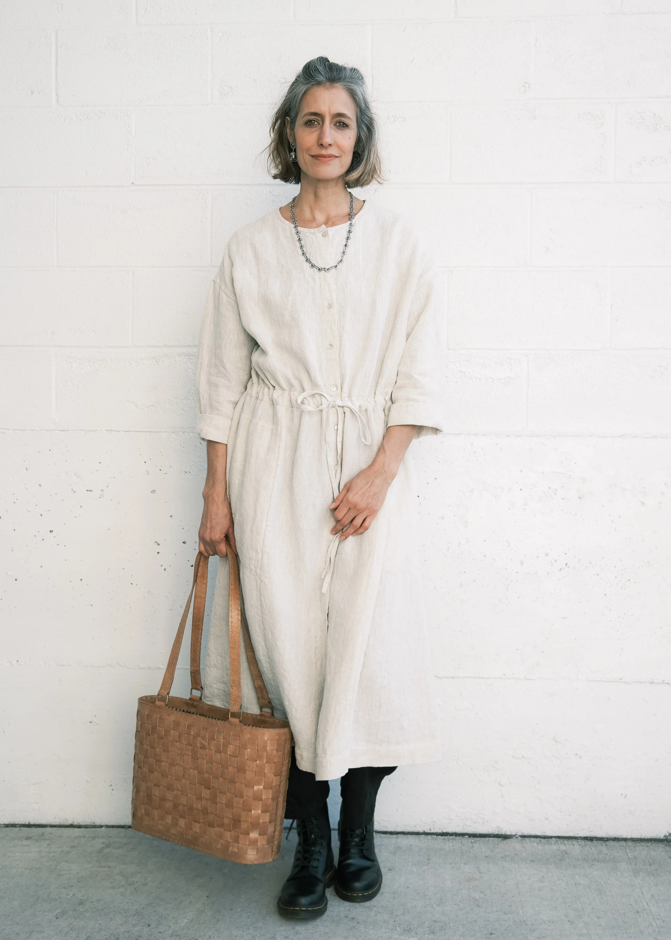 Leather Woven Medium Tote - Tan - Image 4