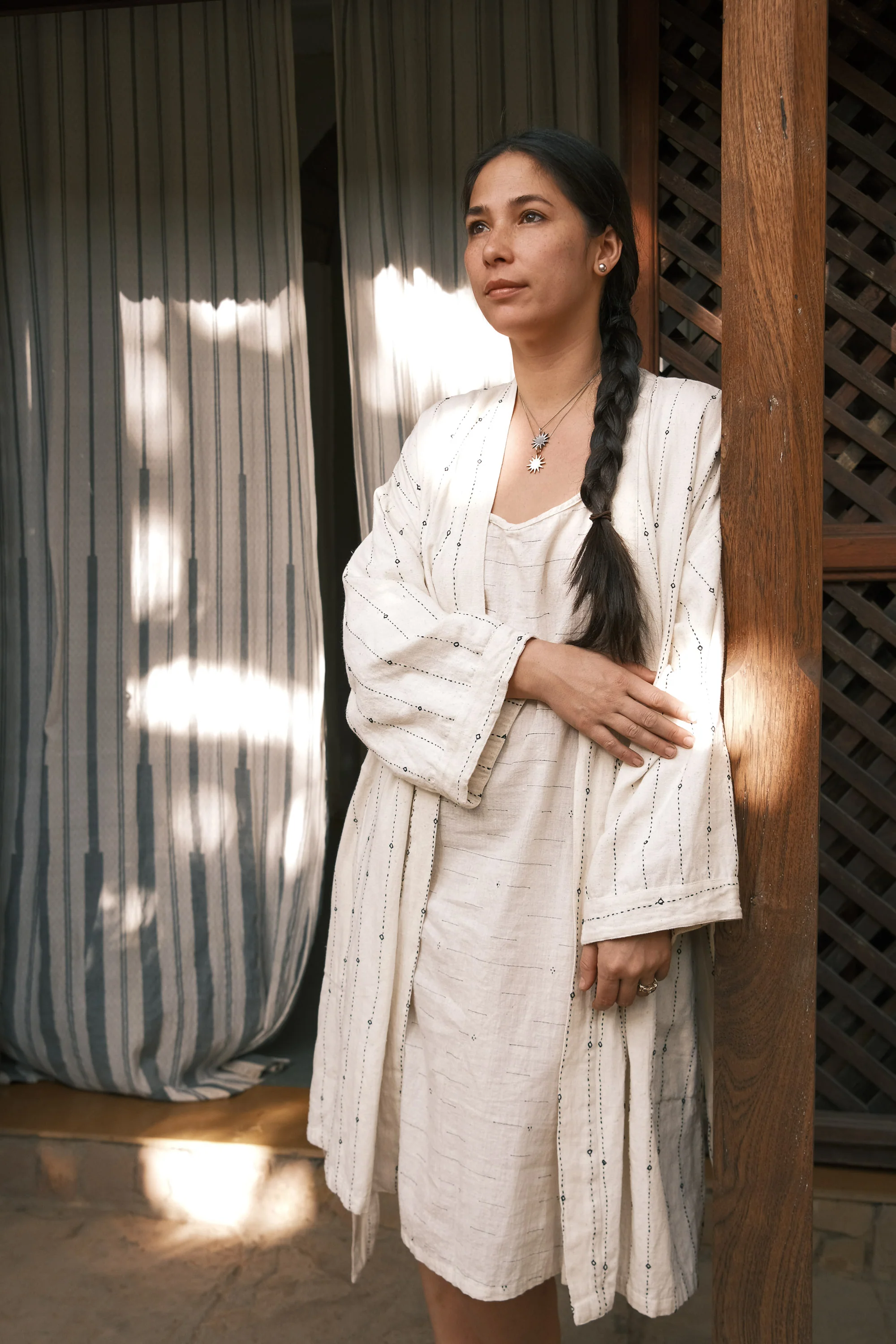 Yayla Robe - Handwoven Kala Cotton - Rabari Stitch - Image 4
